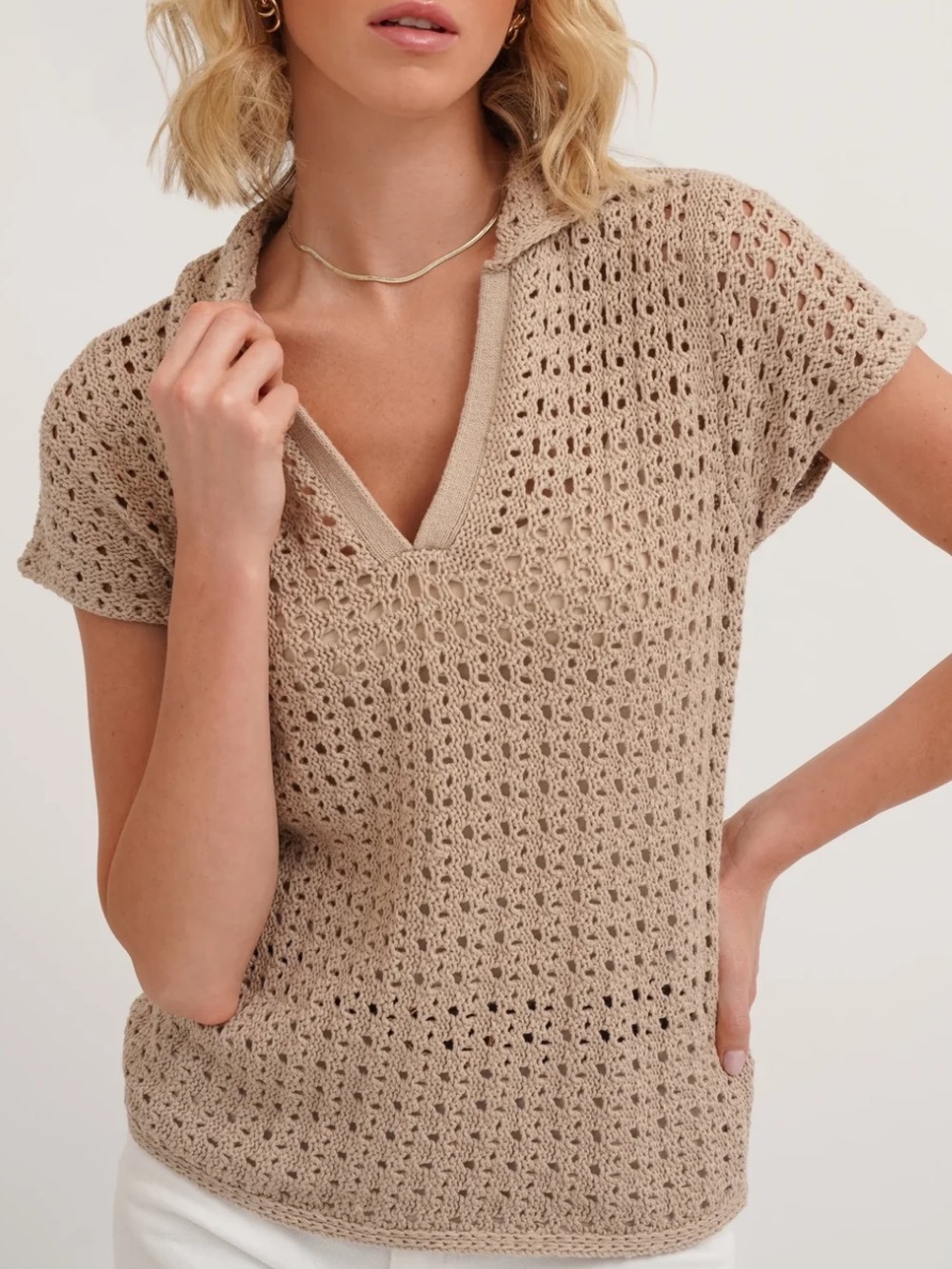 Cyrus Tan Crochet Knit Short Sleeve Collared Top Size M (1298)
